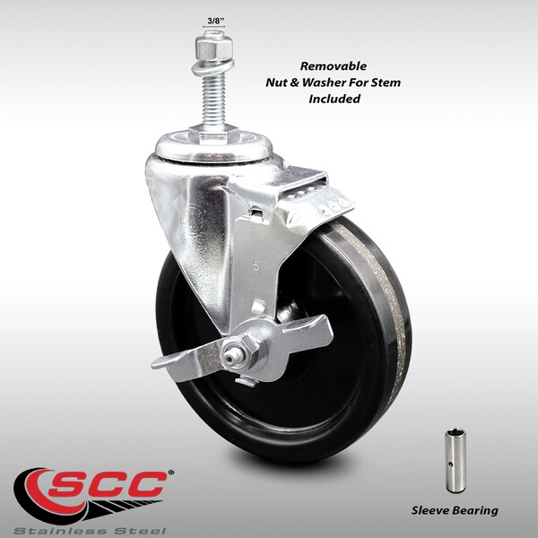5 Inch SS Phenolic Wheel Swivel 3/8 Inch Threaded Stem Caster with Brake SCC